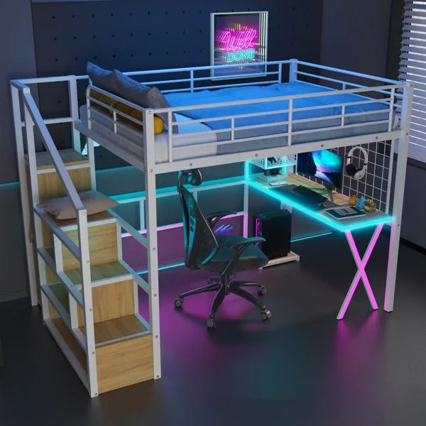 Full Size Metal Loft Bed With Built-in Work Station, Wardrobe, Storage Staircase And LED, White