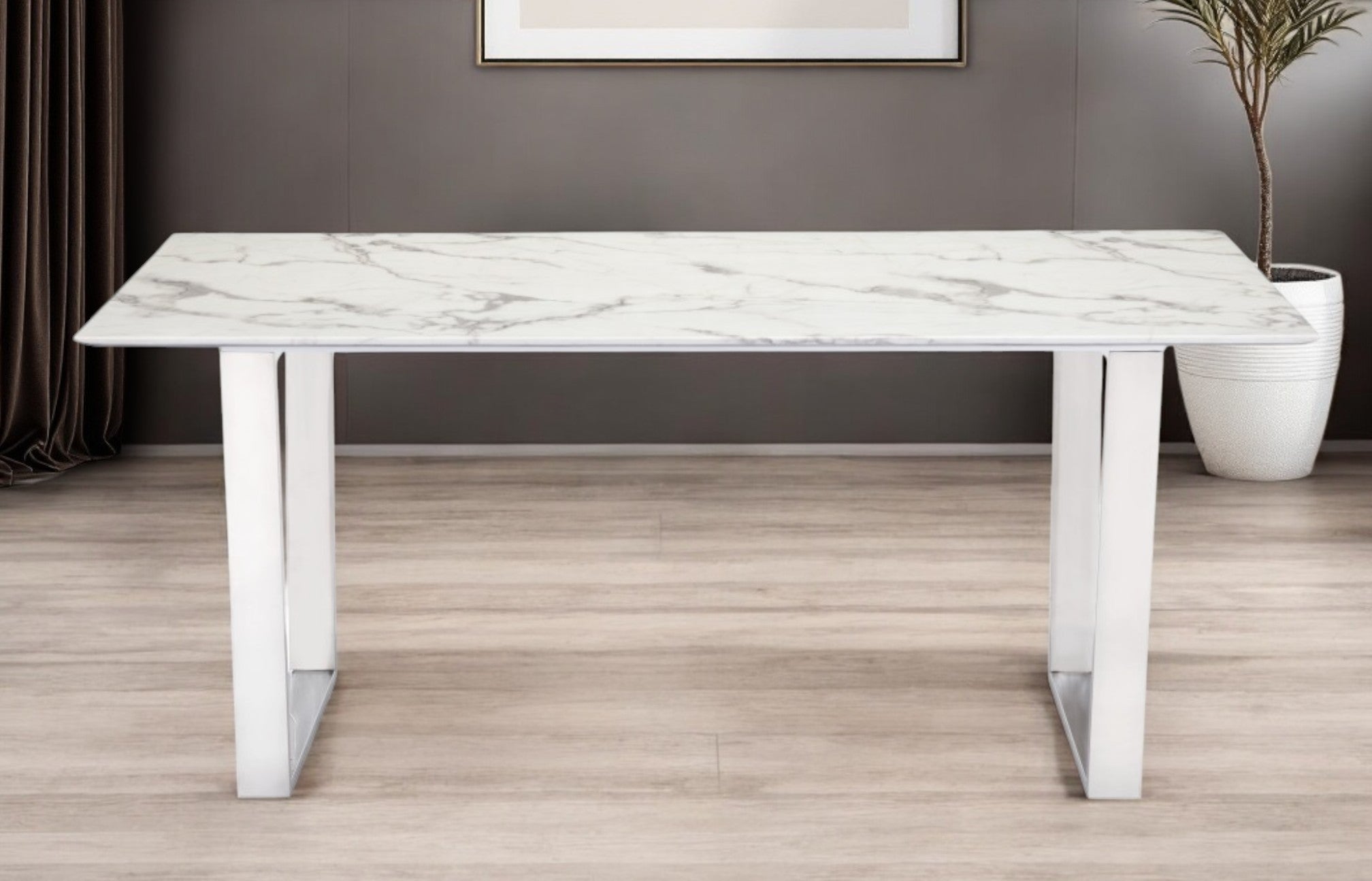 71" White And Silver Marble And Steel Sled Base Dining Table