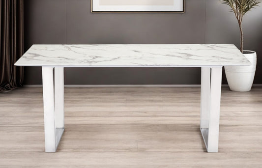 71" White And Silver Marble And Steel Sled Base Dining Table