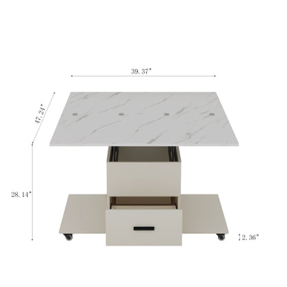 Modern Lift-Up Coffee Table With 4 Stools Set For Living Room Expandable 1 Hidden Storage 2 Drawers Space Saving Folding Dining Table