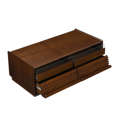 U-Can Modern Rectangle Coffee Table With 4 Drawers And 2 Display Shelves,  Wood Coffee Table With Fluted Style, Tempered Glass For Living Room