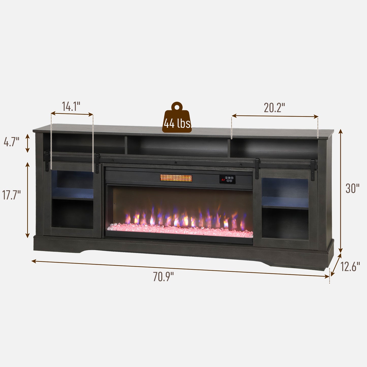Fireplace TV Stand for TVs Up to 80 Inch, TV Console with Electric Fireplace, Open Storage and Side Cabinets, Gray
