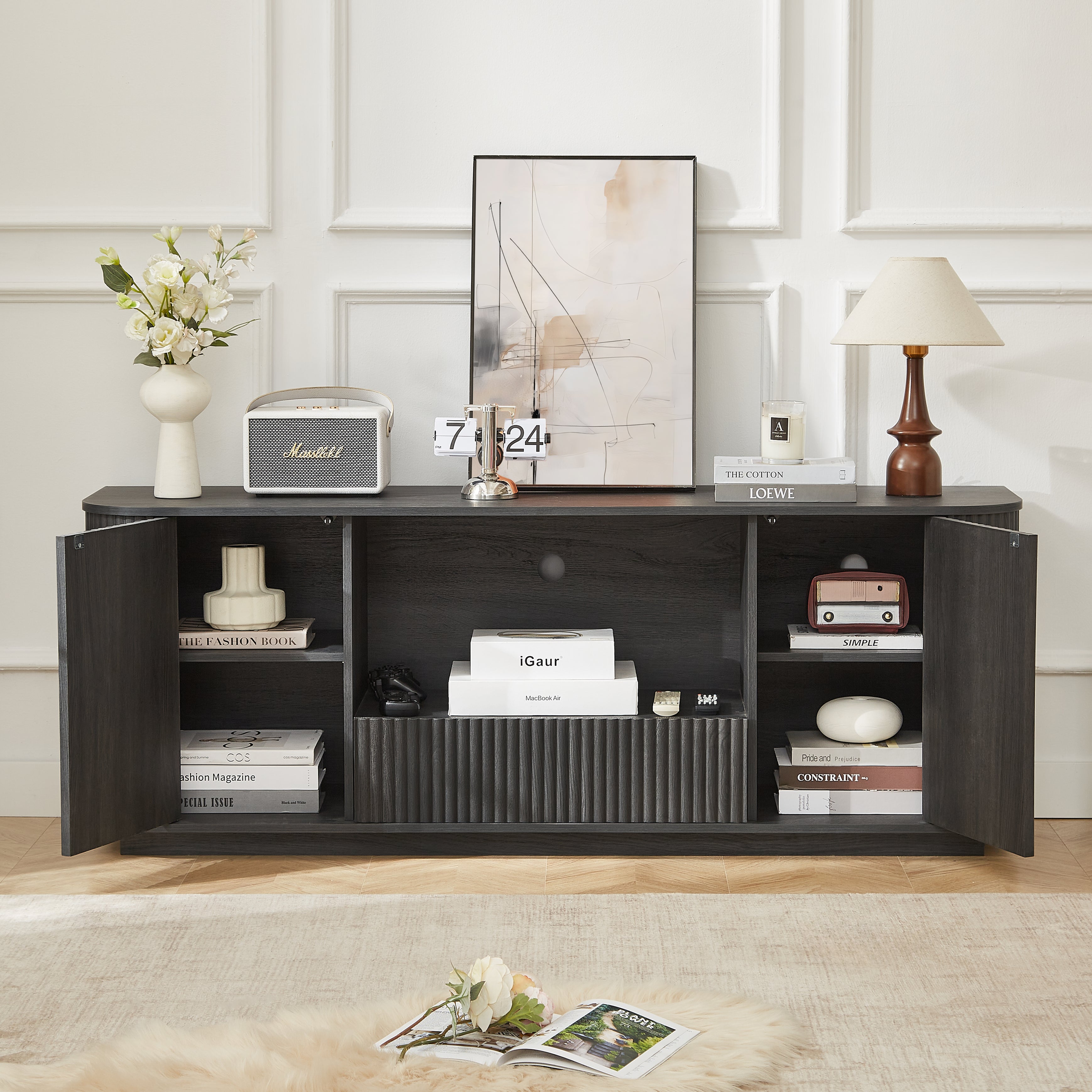64 Inch Wavy TV Stand, Rounded Sideboard, Storage Cabinet  Wooden Vertical Stripe Cabinet For Living Room Bedroom Entryway Black,64W X 15D X 24H.