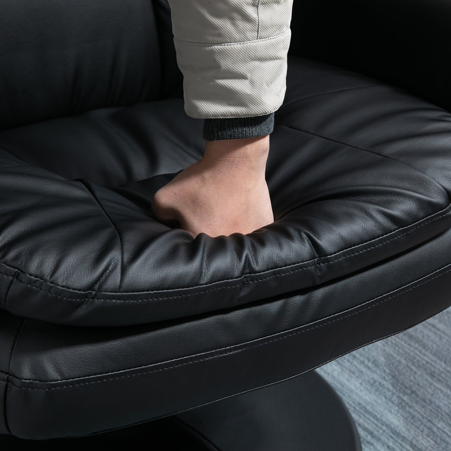 PU Leather Recliner Chair with Ottoman, Swivel Recliner and Ottoman with Round Wrapped Base for Living Room, Black