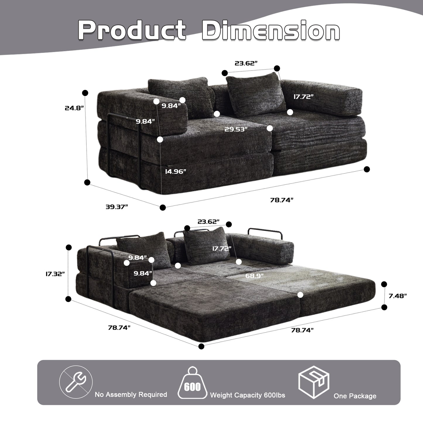 Compression Sofa,Convertible Floor Sofa Bed With Fixed-Shape Frame, Loveseats Boneless Modular Sectional Sofa,No Assembly Required,Chenille Fabric,for Living Room Bedroom,Black