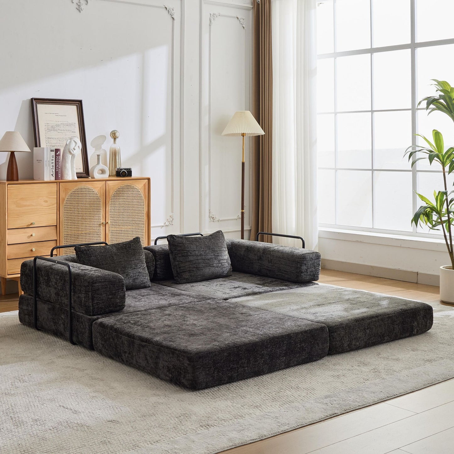 Compression Sofa,Convertible Floor Sofa Bed With Fixed-Shape Frame, Loveseats Boneless Modular Sectional Sofa,No Assembly Required,Chenille Fabric,for Living Room Bedroom,Black
