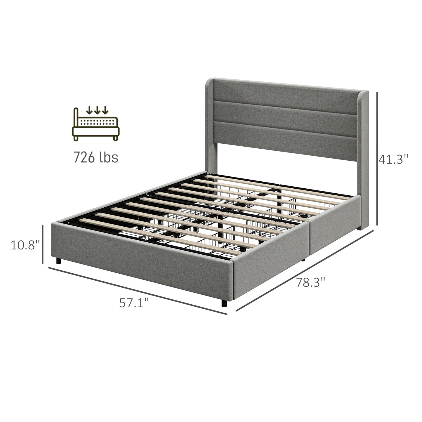 Full Bed Frame with Storage Drawers, Full Size Bed Base with Headboard, Wood Slats, Noise-Free, Light Gray