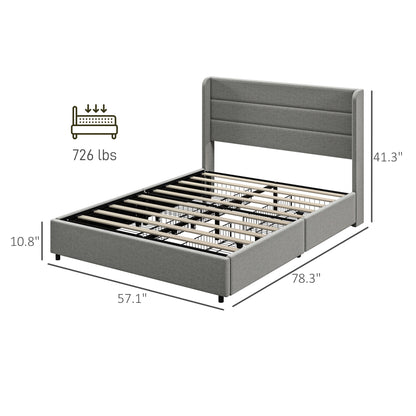 Full Bed Frame with Storage Drawers, Full Size Bed Base with Headboard, Wood Slats, Noise-Free, Light Gray
