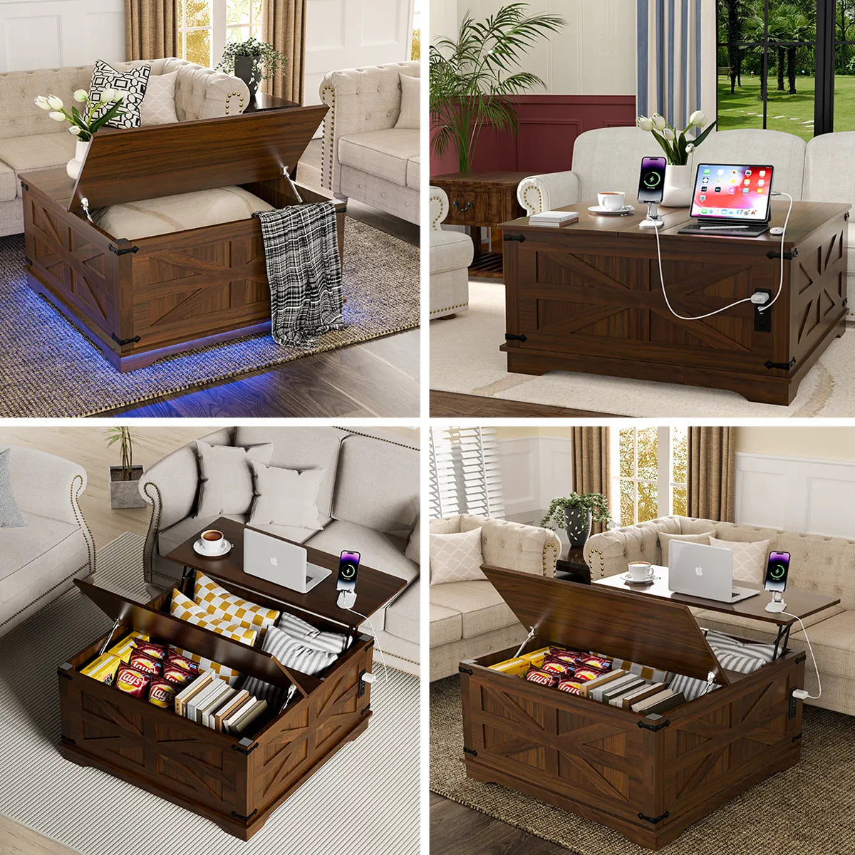 Farmhouse Coffee Table With Lift-Top, USB Charging Station & Hidden Storage - Sturdy Wooden Base