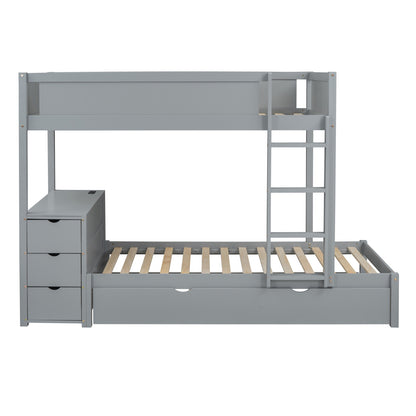 Twin-Over-Twin Bunk Bed With Twin Size Trundle, Storage And Desk, Gray