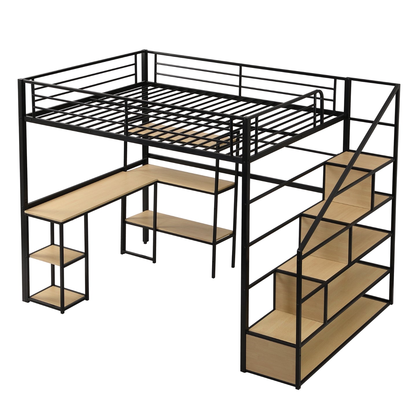 Full Size Metal Loft Bed With Staircase, Built-in Desk And Shelves, Black
