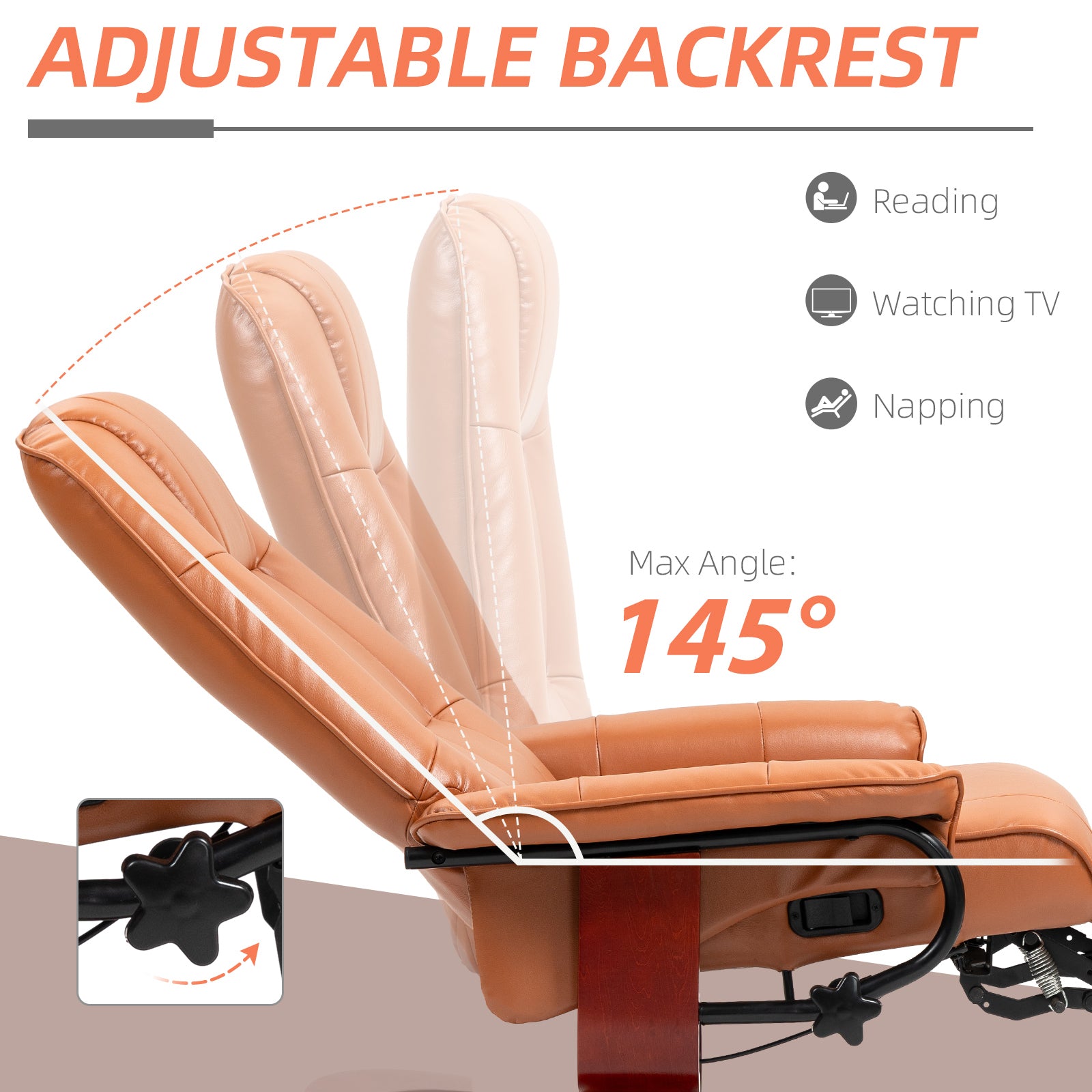 Faux Leather Recliner Chair, Swivel Recliner with Footrest, Armrest and Wood Base for Living Room, Light Brown