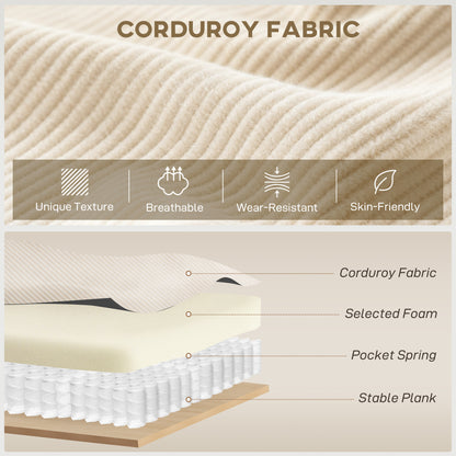Corner Sofa with Reversible Chaise Lounge, Corduroy L-Shaped Sectional Sofa with Pocket Spring, Cream White
