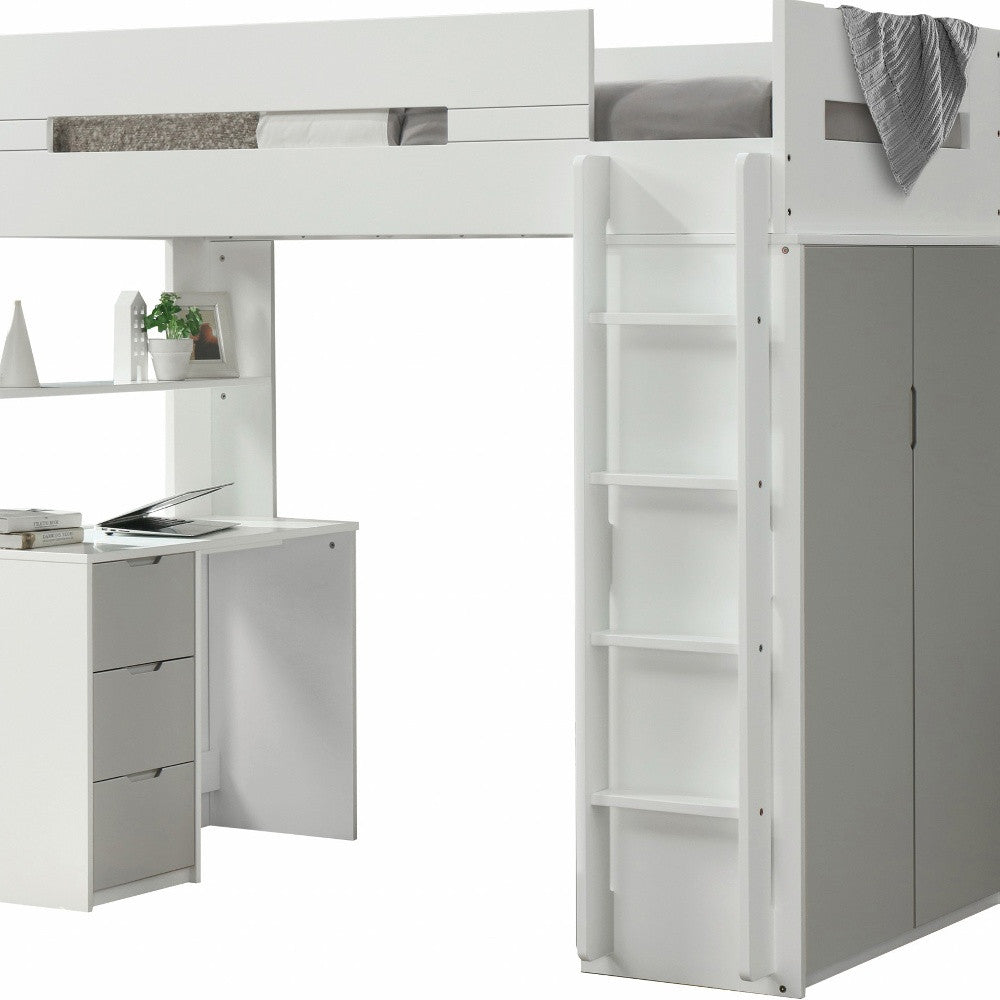 White And Gray Twin Loft Bed And Desk