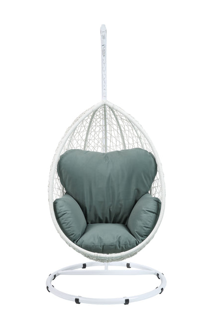 38" White Metal Swing Chair With Green Cushion