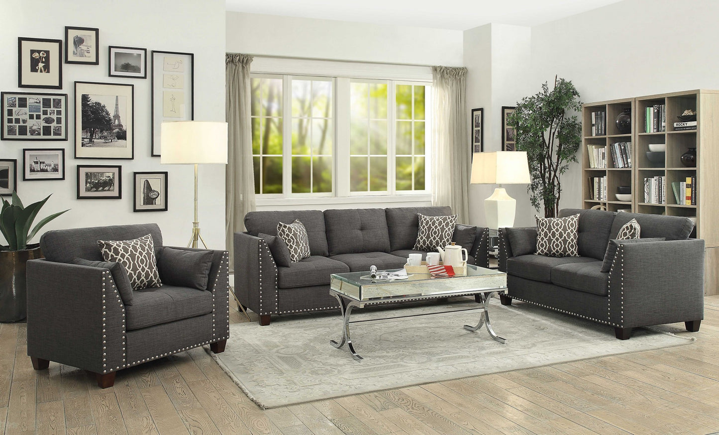 34" Charcoal and Brown Linen Arm Chair And Toss Pillows