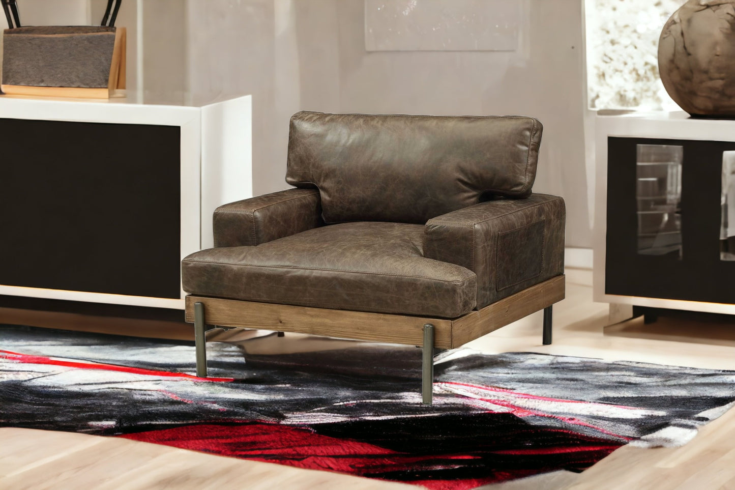 41" Chocolate and Gray Faux Leather Chair and a Half