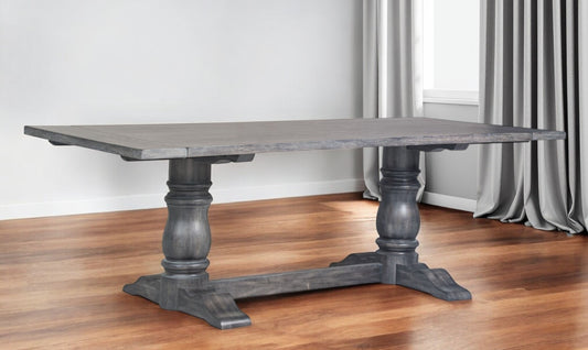 88" Light Gray And Gray Solid Wood Trestle Base Dining Table
