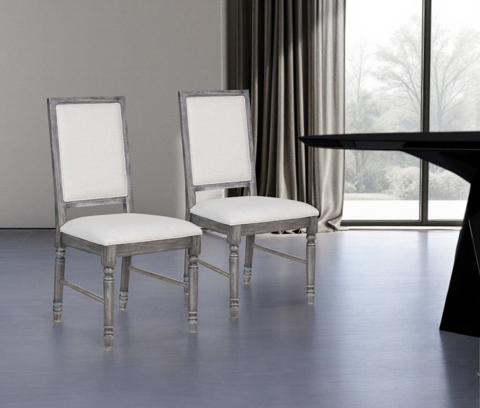 Set of Two Cream and Gray Upholstered Linen Dining Side Chairs