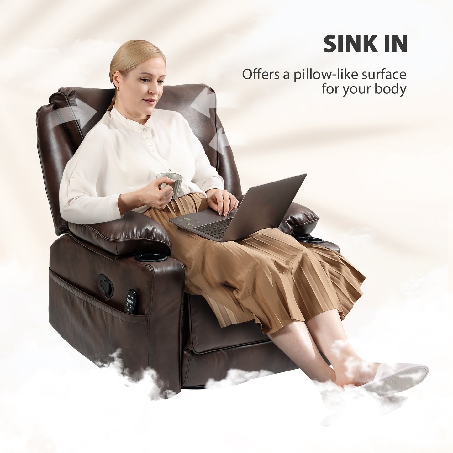 Recliner Massage Armchair with Heat Oversized Swivel Rocker with Footrest Remote and Side Pockets Brown