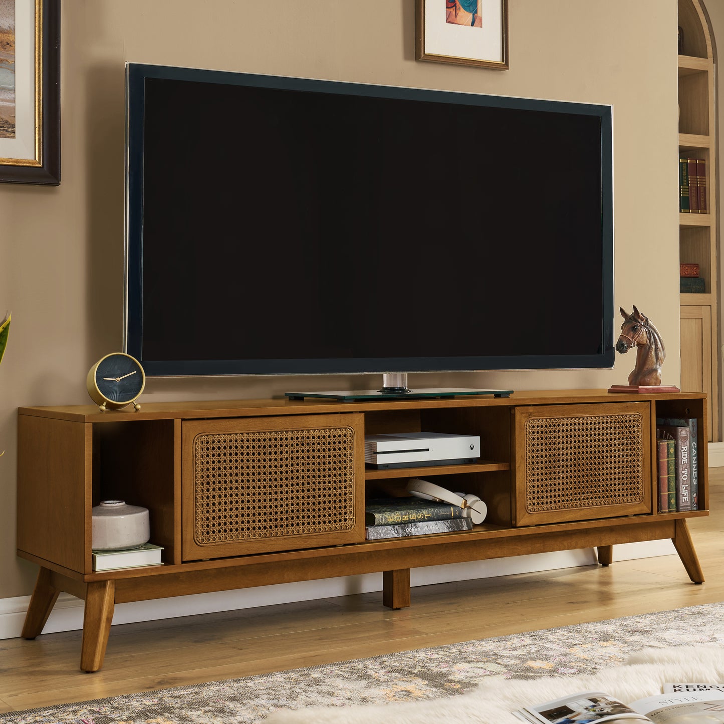 67.9 Inch Mid Century Modern Rattan TV Stand For TVs Up To 75, Entertainment Cabinet, Media Console For Living Room Media Room, Solid Wood Feet & Rattan Cabinet Doors - Light Walnut