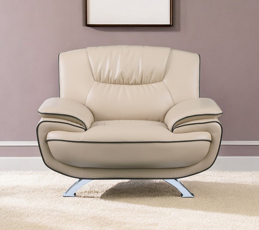 47" Beige And Silver Leather Match Club Chair