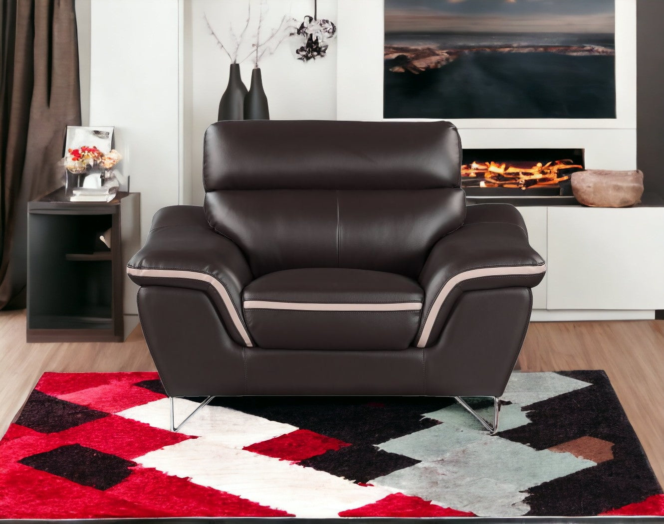 49" Brown And Silver Leather Match Club Chair