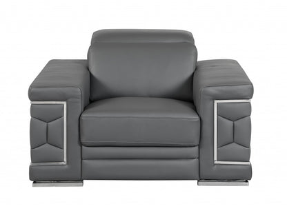 47" Dark Gray And Silver Genuine Leather Arm Chair