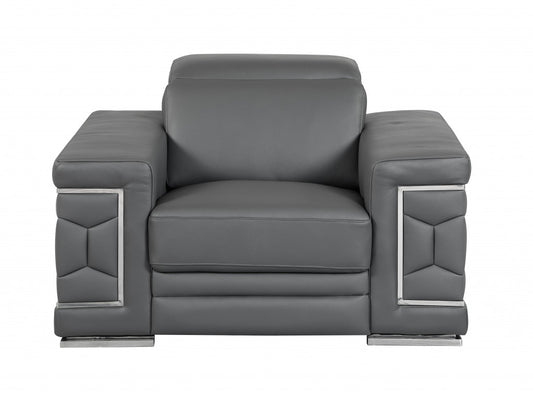 47" Dark Gray And Silver Genuine Leather Arm Chair