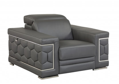 47" Dark Gray And Silver Genuine Leather Arm Chair