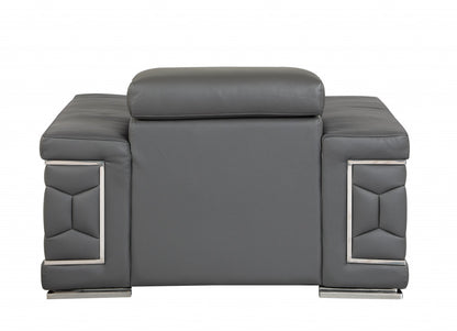 47" Dark Gray And Silver Genuine Leather Arm Chair