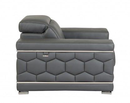 47" Dark Gray And Silver Genuine Leather Arm Chair
