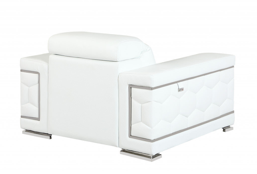 47" White And Silver Genuine Leather Arm Chair