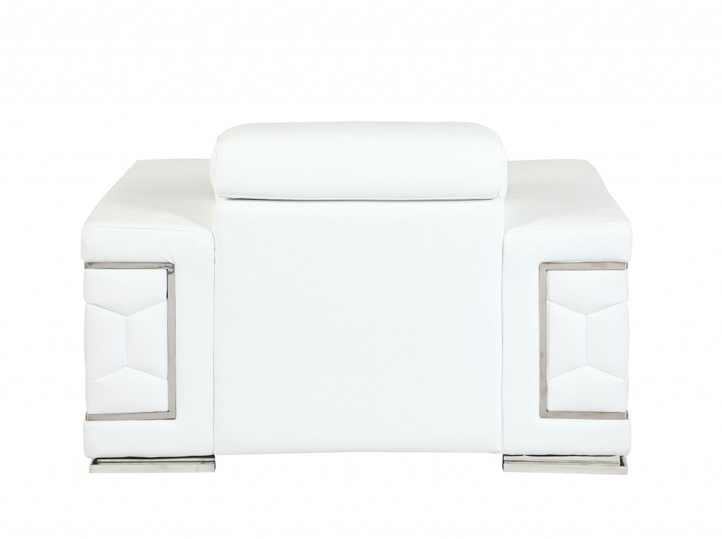 47" White And Silver Genuine Leather Arm Chair