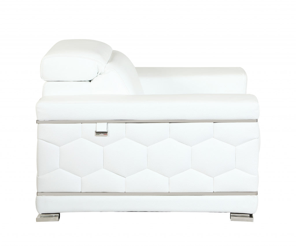 47" White And Silver Genuine Leather Arm Chair