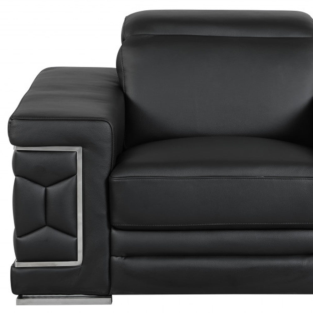 Three Piece Indoor Black Italian Leather Six Person Seating Set