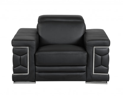 47" Black And Silver Genuine Leather Arm Chair