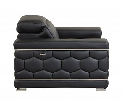 47" Black And Silver Genuine Leather Arm Chair