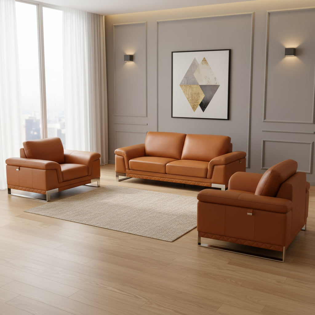 Three Piece Indoor Camel Italian Leather Six Person Seating Set