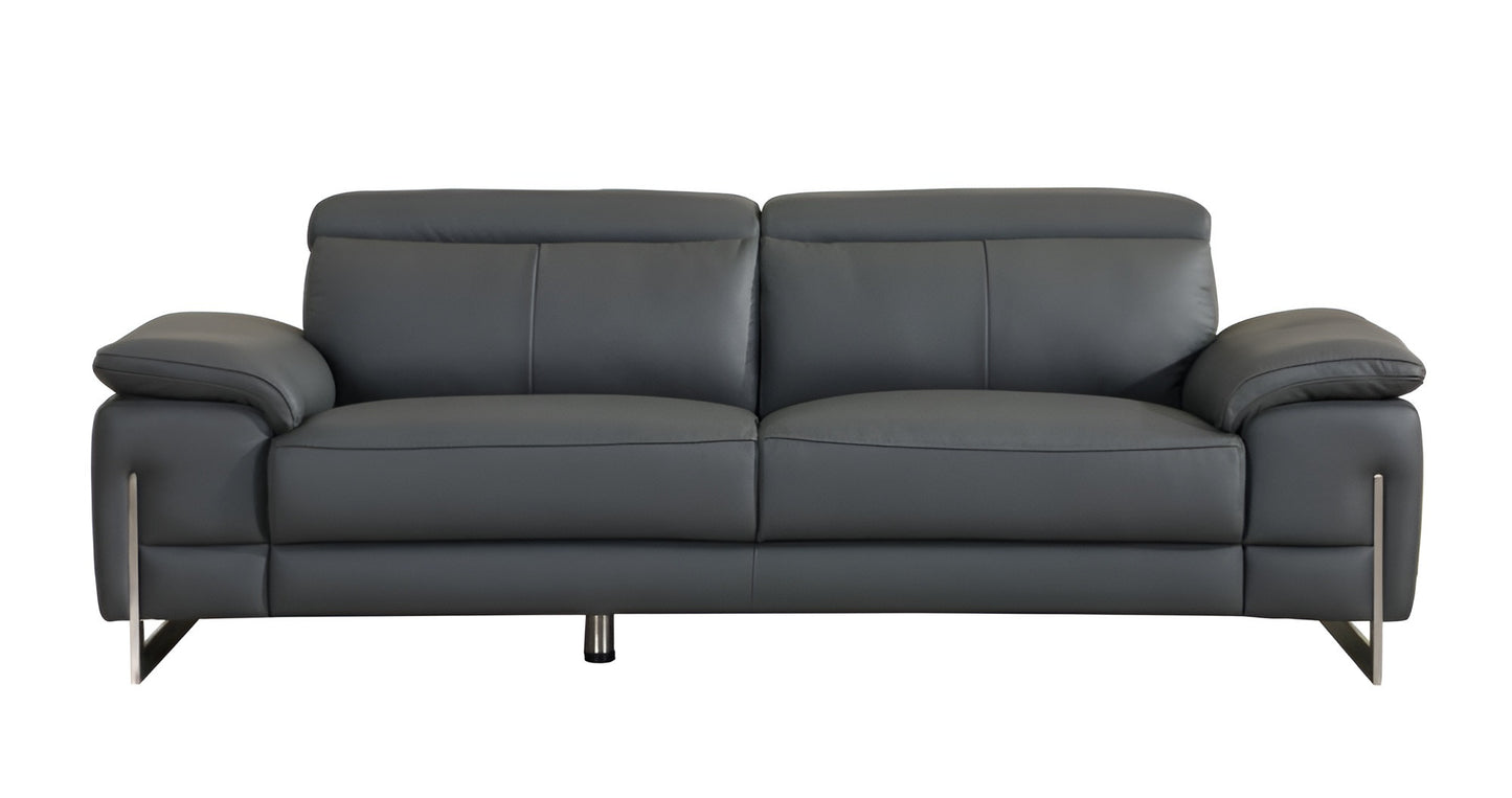 87" Dark Gray Italian Leather Sofa With Silver Legs
