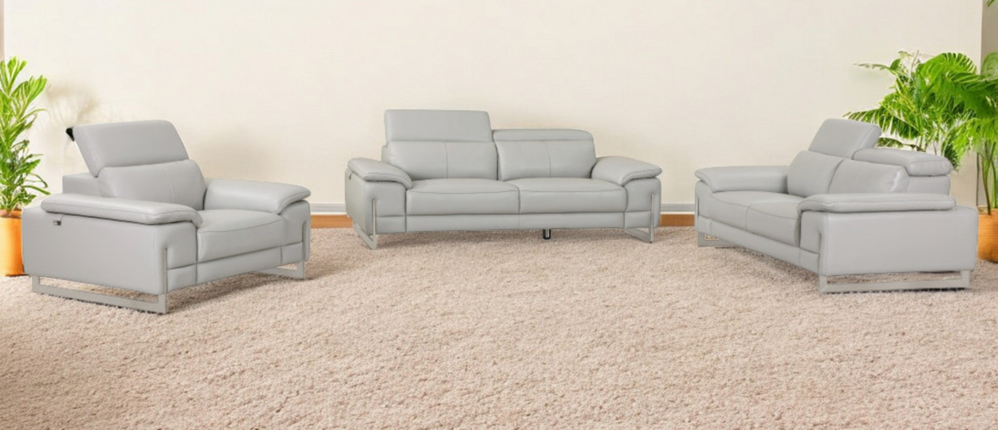 Three Piece Indoor Light Gray Italian Leather Six Person Seating Set