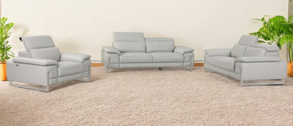 Three Piece Indoor Light Gray Italian Leather Six Person Seating Set