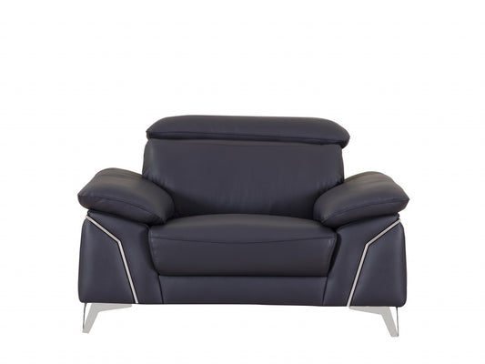 51" Blue And White Genuine Leather Chair and a Half