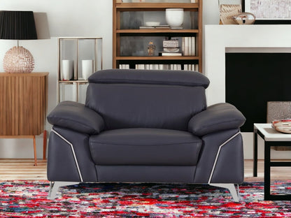 51" Blue And White Genuine Leather Chair and a Half