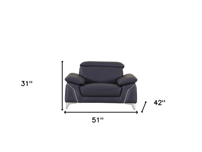 51" Blue And White Genuine Leather Chair and a Half