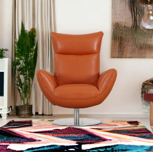 37" Orange And Silver Genuine Leather Lounge Chair