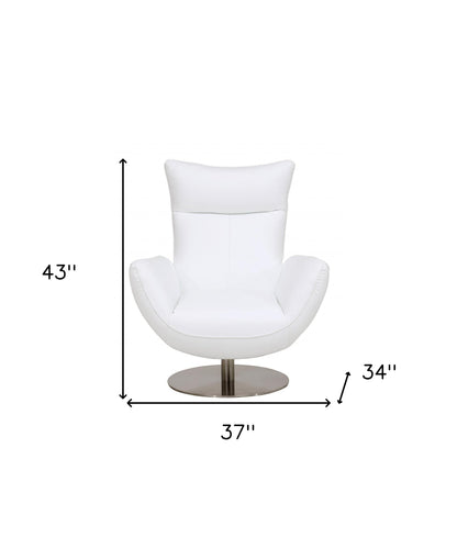 37" White And Silver Genuine Leather Lounge Chair