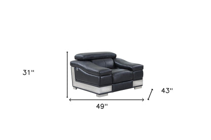 49" Black And Silver Genuine Leather Arm Chair