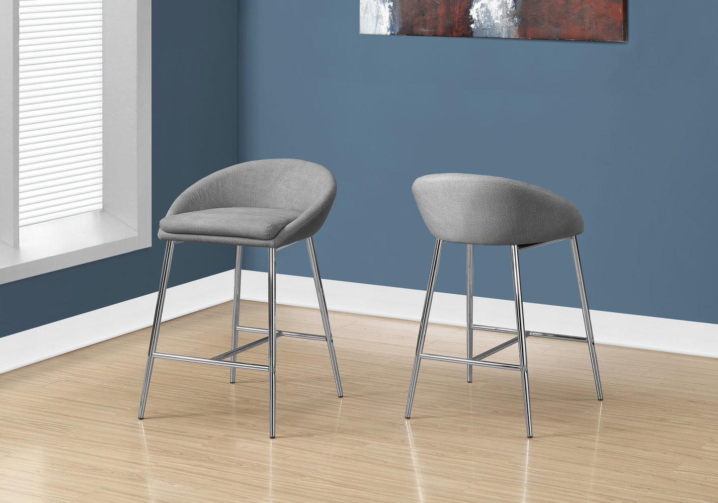 Set of Two 24" Gray and Silver Metal Low Back Bar Chairs