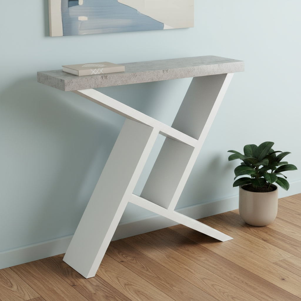 36" Gray and White Abstract Console Table With Shelves